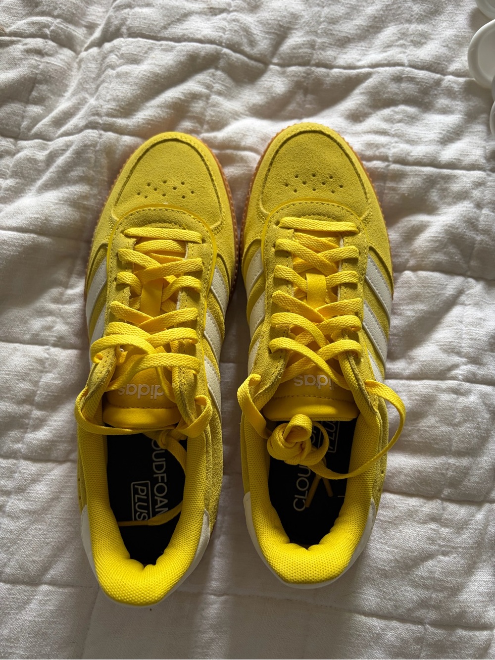 adidas Women's Yellow Suede Cloudfoam Plus Sneakers with White Stripes